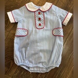 Little English Blue Gingham Romper with Red Trim